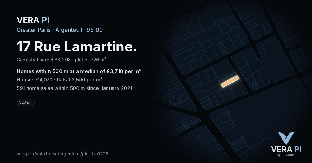 17 Rue Lamartine, Argenteuil at night – the plot lit, the parcels around coloured by the prices near them