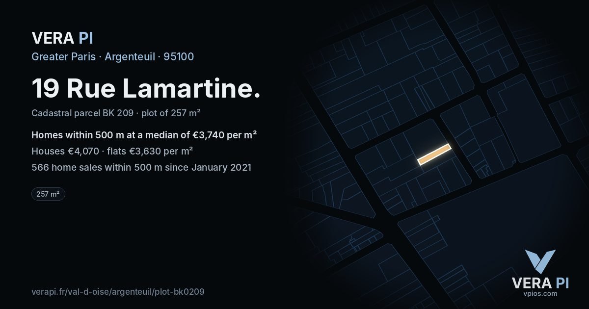 19 Rue Lamartine, Argenteuil at night – the plot lit, the parcels around coloured by the prices near them