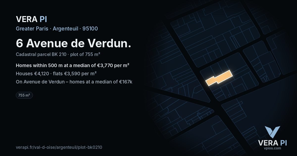 6 Avenue de Verdun, Argenteuil at night – the plot lit, the parcels around coloured by the prices near them