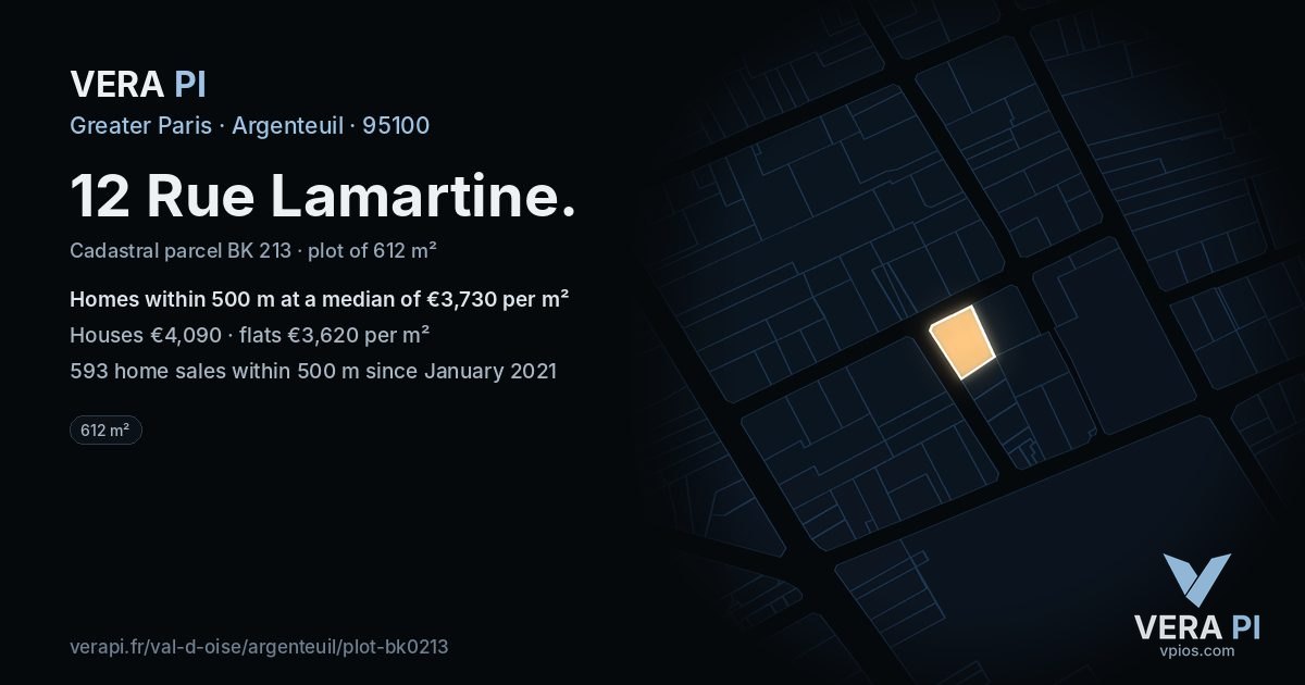 12 Rue Lamartine, Argenteuil at night – the plot lit, the parcels around coloured by the prices near them