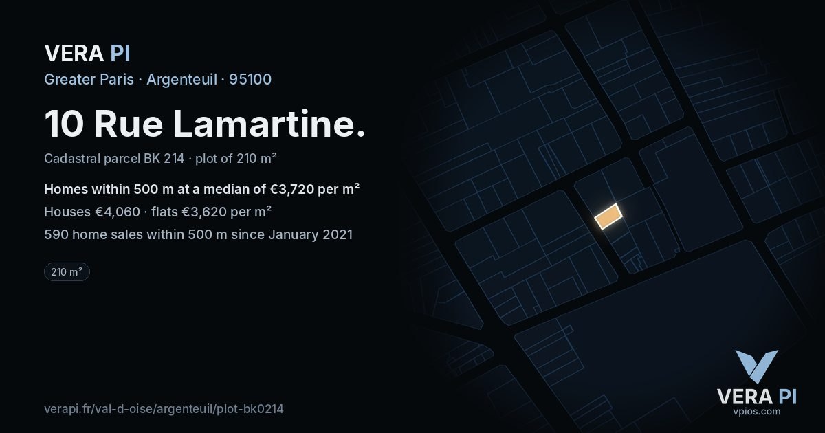 10 Rue Lamartine, Argenteuil at night – the plot lit, the parcels around coloured by the prices near them