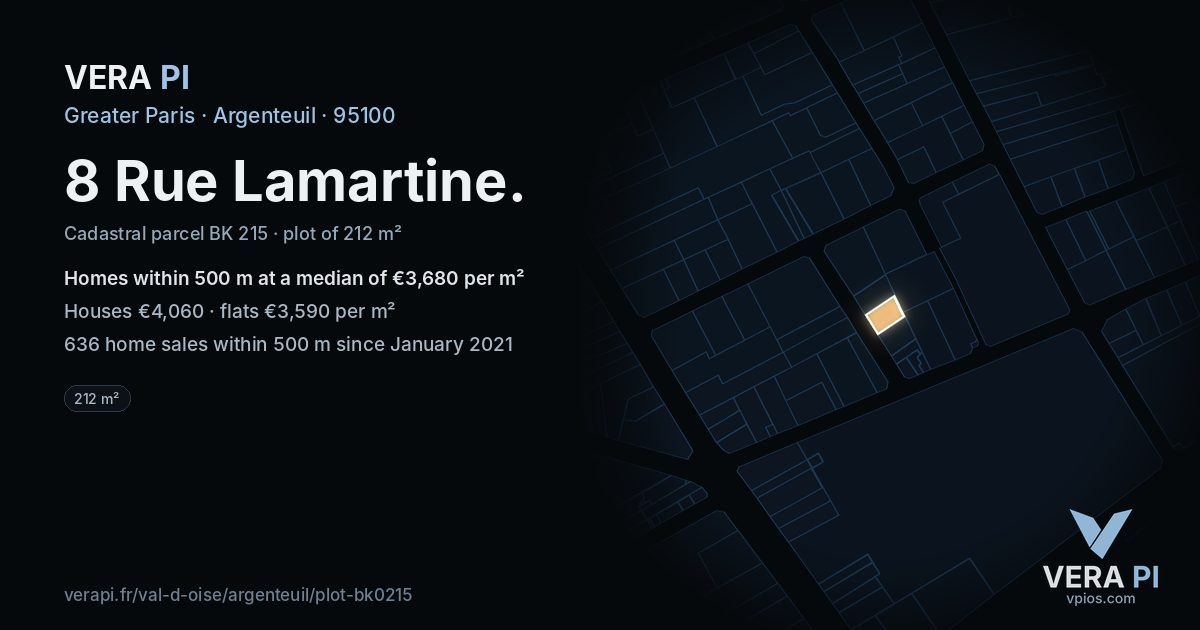 8 Rue Lamartine, Argenteuil at night – the plot lit, the parcels around coloured by the prices near them