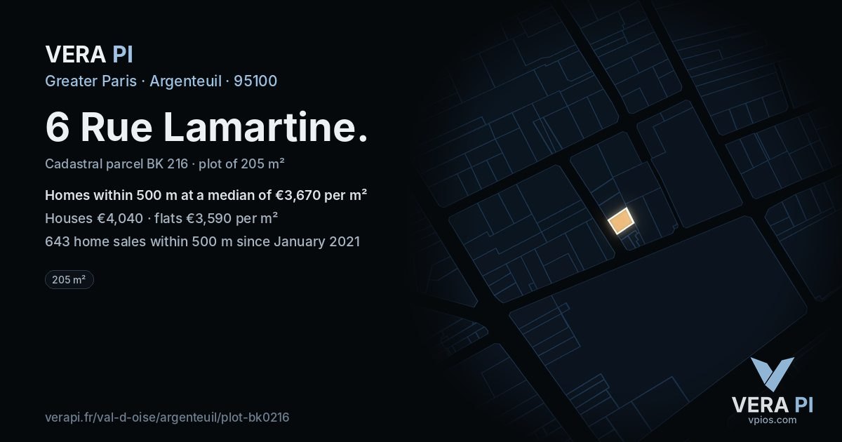 6 Rue Lamartine, Argenteuil at night – the plot lit, the parcels around coloured by the prices near them
