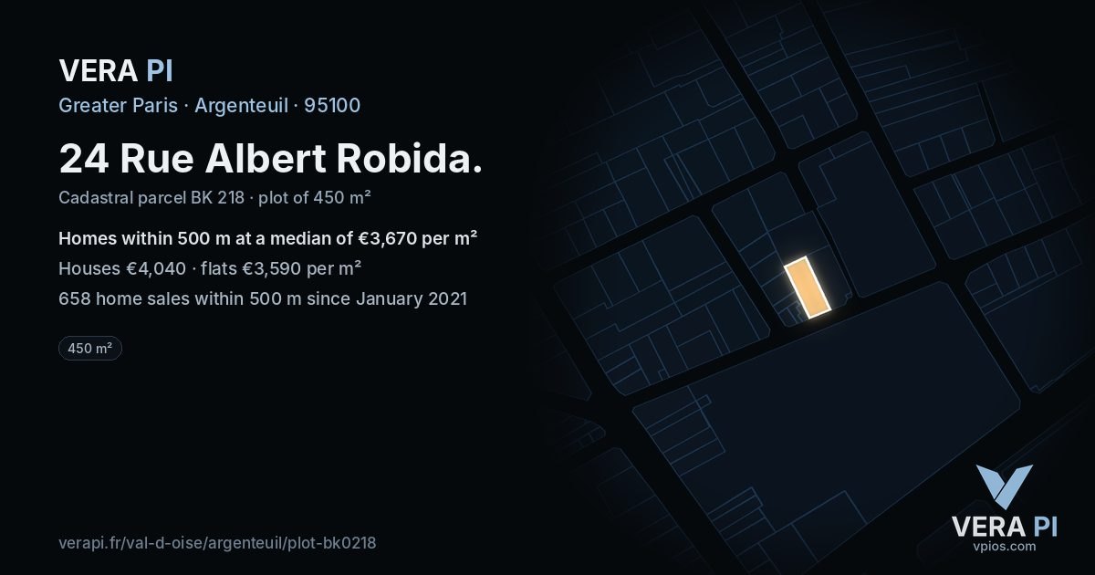 24 Rue Albert Robida, Argenteuil at night – the plot lit, the parcels around coloured by the prices near them