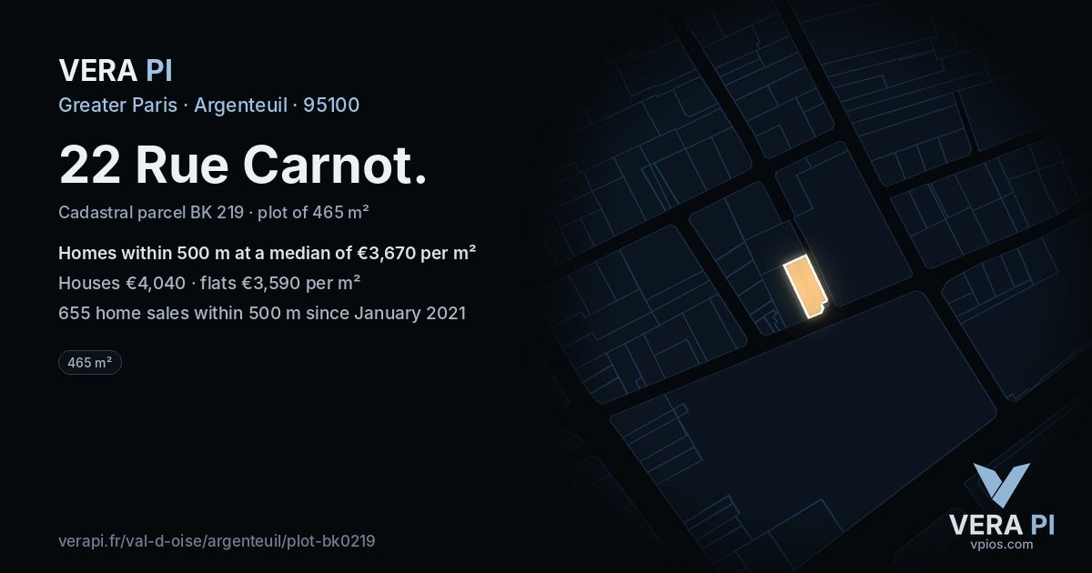 22 Rue Carnot, Argenteuil at night – the plot lit, the parcels around coloured by the prices near them