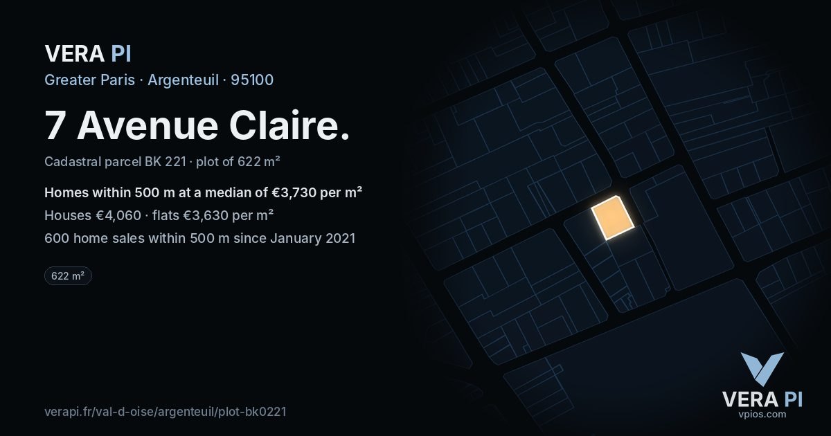 7 Avenue Claire, Argenteuil at night – the plot lit, the parcels around coloured by the prices near them