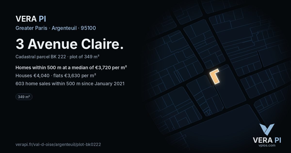 3 Avenue Claire, Argenteuil at night – the plot lit, the parcels around coloured by the prices near them