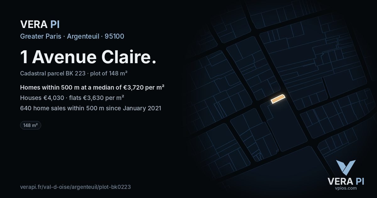 1 Avenue Claire, Argenteuil at night – the plot lit, the parcels around coloured by the prices near them