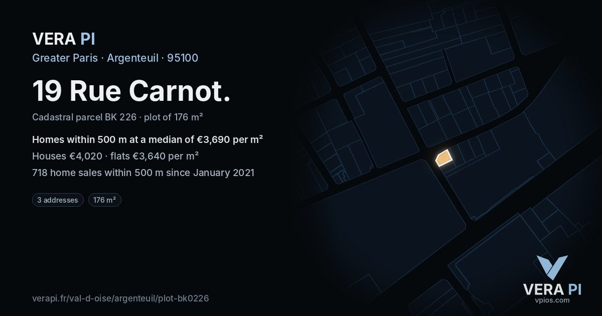 19 Rue Carnot, Argenteuil at night – the plot lit, the parcels around coloured by the prices near them
