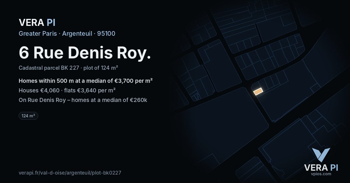 6 Rue Denis Roy, Argenteuil at night – the plot lit, the parcels around coloured by the prices near them