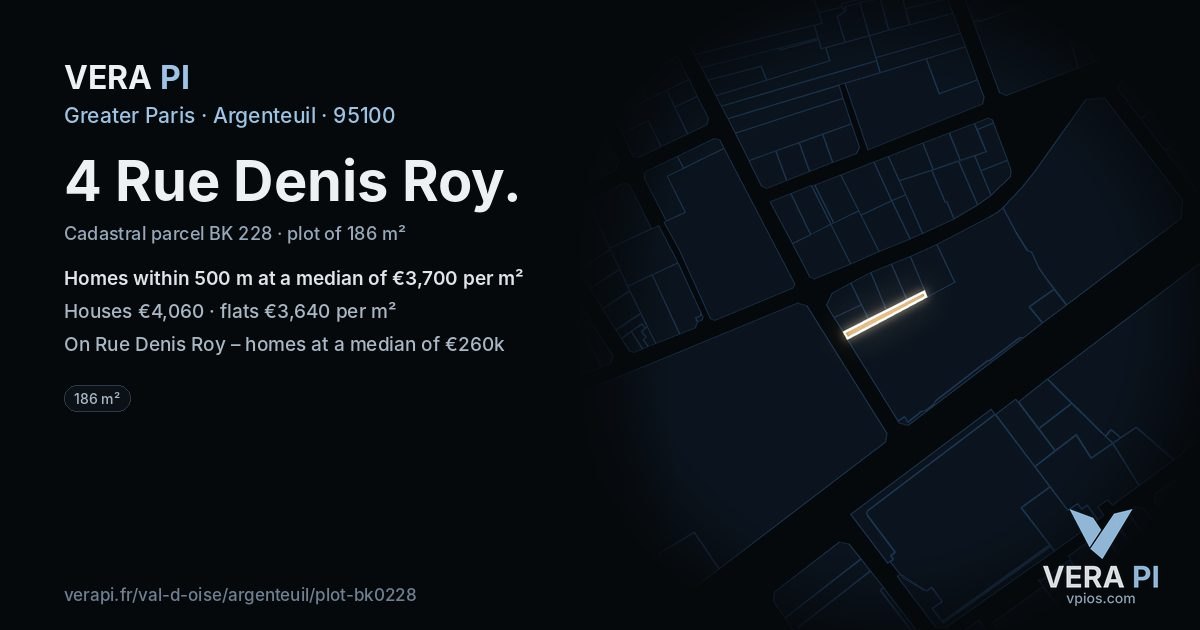 4 Rue Denis Roy, Argenteuil at night – the plot lit, the parcels around coloured by the prices near them