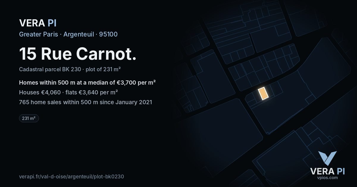 15 Rue Carnot, Argenteuil at night – the plot lit, the parcels around coloured by the prices near them