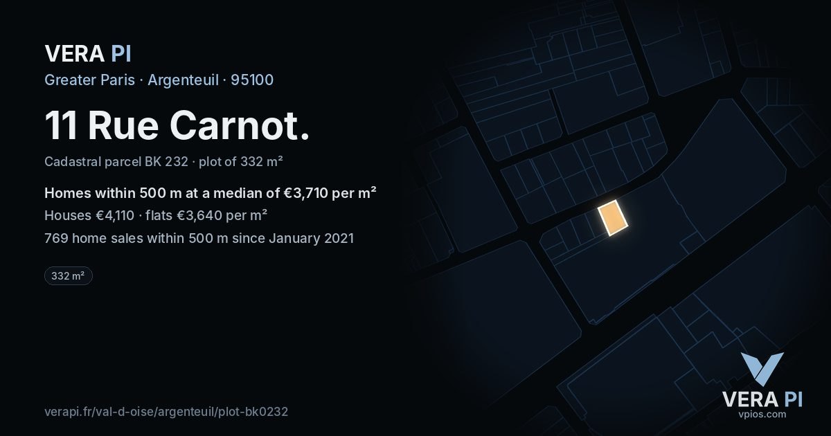 11 Rue Carnot, Argenteuil at night – the plot lit, the parcels around coloured by the prices near them