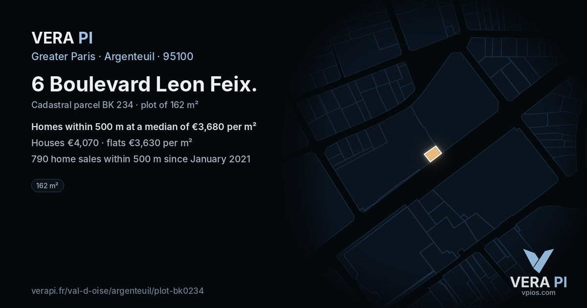 6 Boulevard Leon Feix, Argenteuil at night – the plot lit, the parcels around coloured by the prices near them