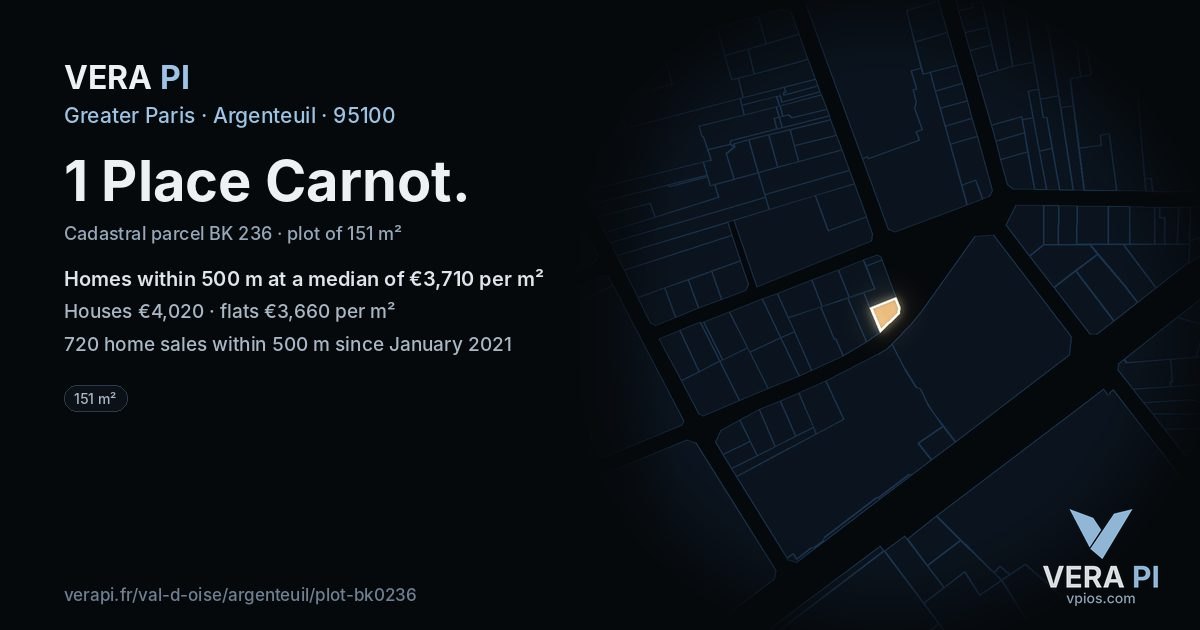 1 Place Carnot, Argenteuil at night – the plot lit, the parcels around coloured by the prices near them