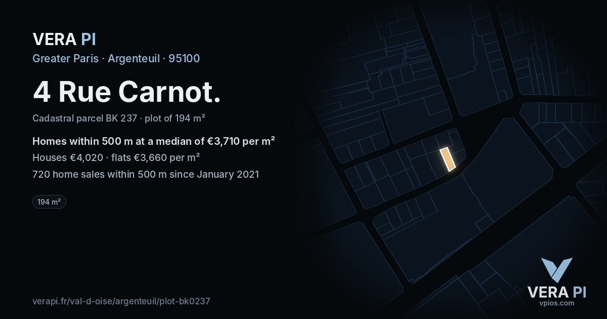 4 Rue Carnot, Argenteuil at night – the plot lit, the parcels around coloured by the prices near them