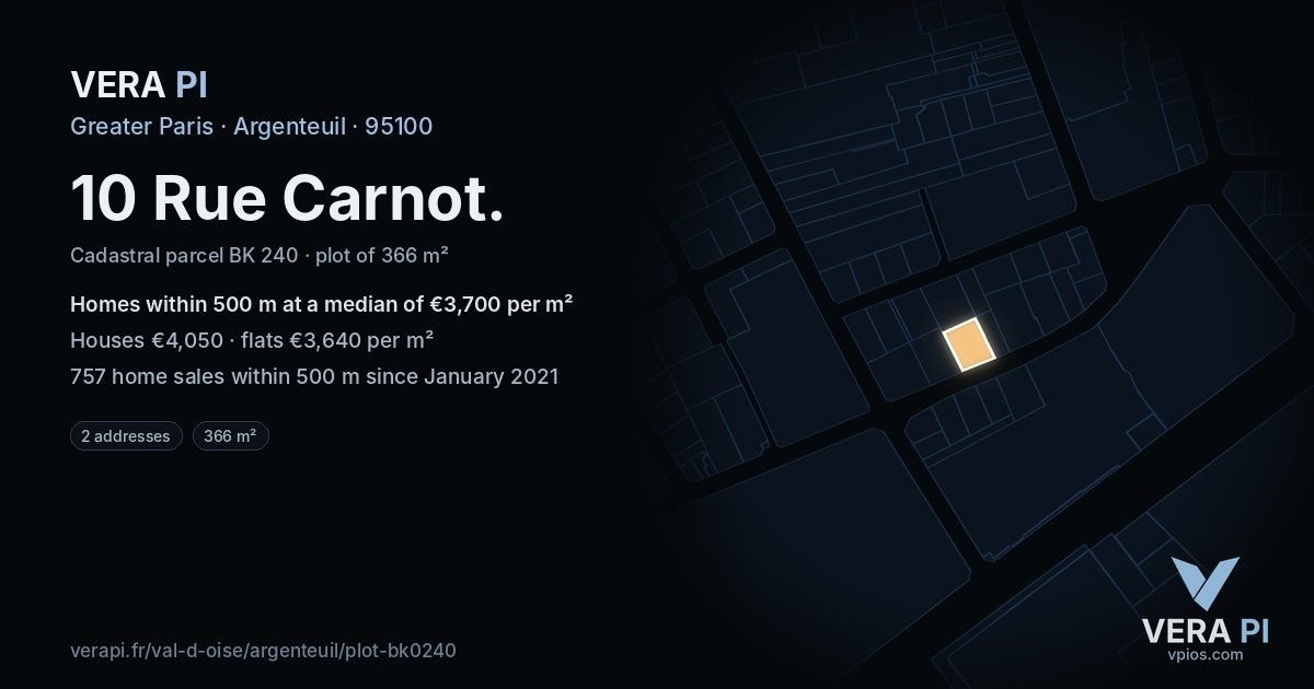 10 Rue Carnot, Argenteuil at night – the plot lit, the parcels around coloured by the prices near them