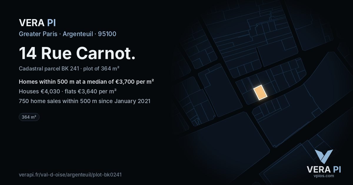 14 Rue Carnot, Argenteuil at night – the plot lit, the parcels around coloured by the prices near them