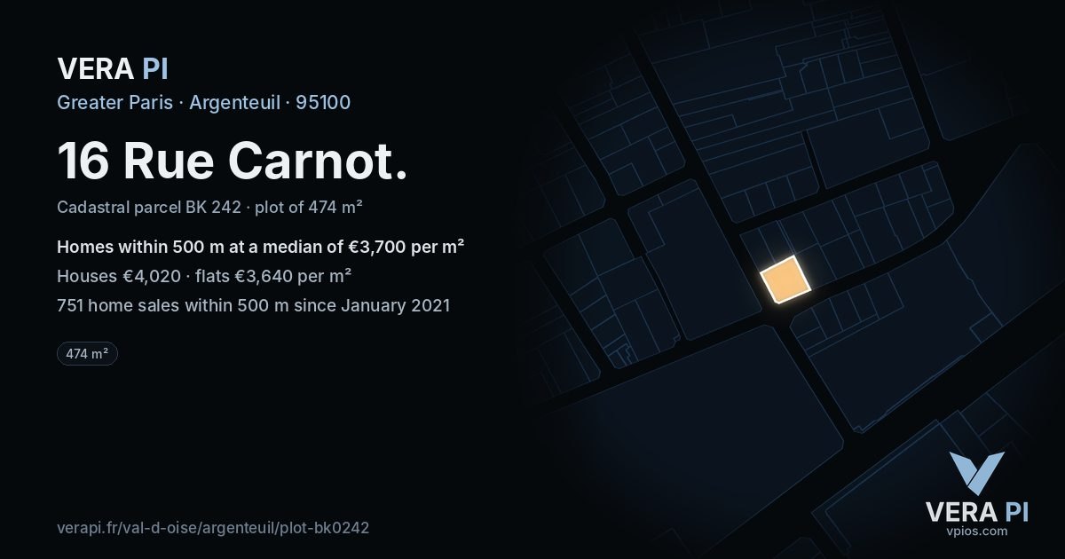 16 Rue Carnot, Argenteuil at night – the plot lit, the parcels around coloured by the prices near them