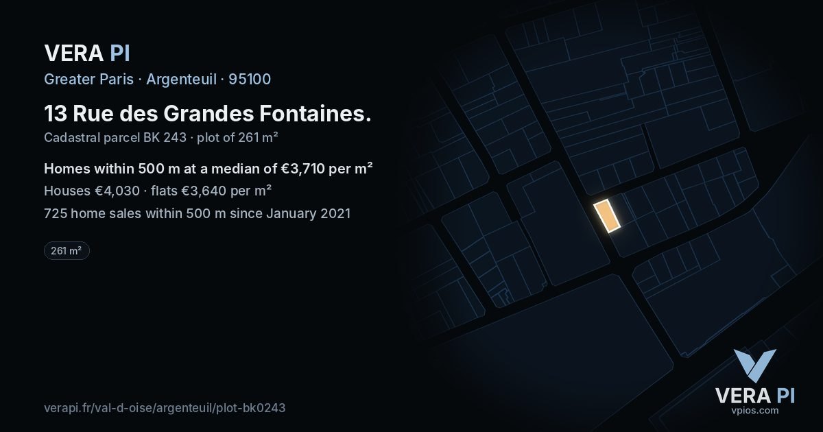 13 Rue des Grandes Fontaines, Argenteuil at night – the plot lit, the parcels around coloured by the prices near them