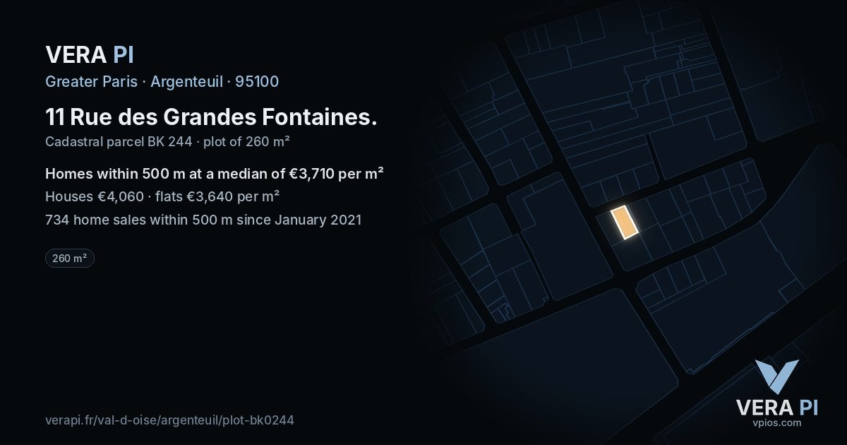 11 Rue des Grandes Fontaines, Argenteuil at night – the plot lit, the parcels around coloured by the prices near them