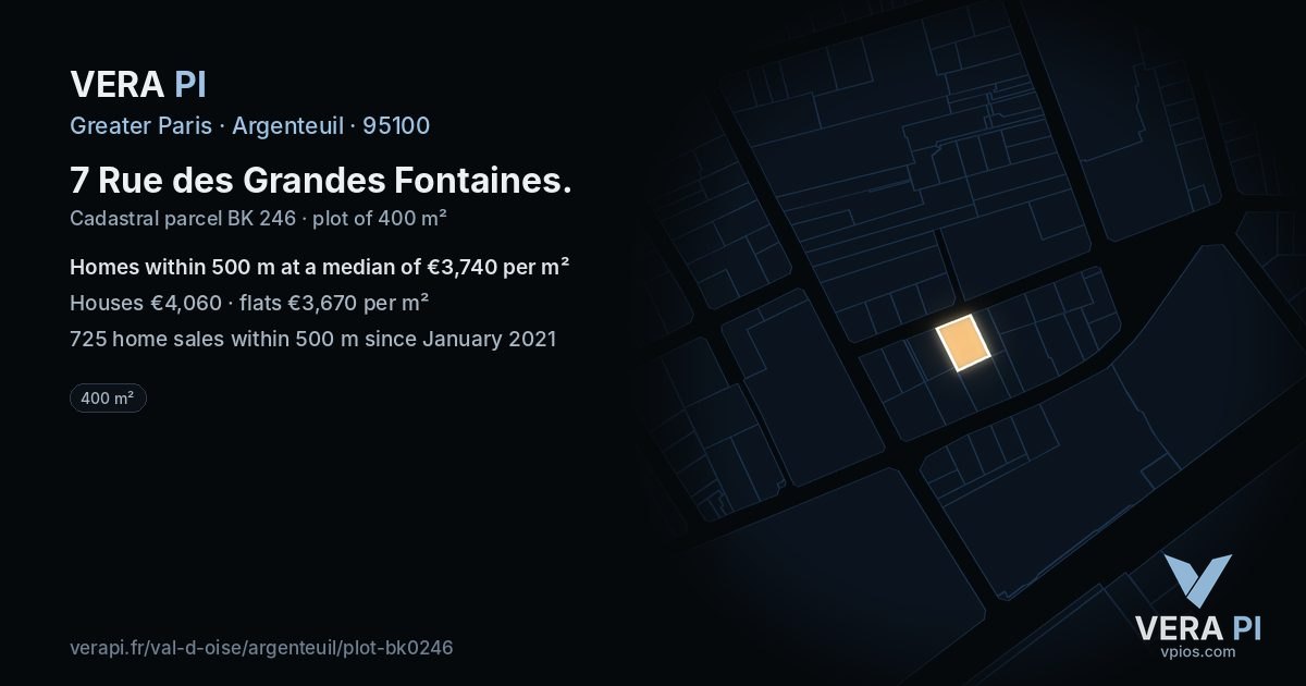7 Rue des Grandes Fontaines, Argenteuil at night – the plot lit, the parcels around coloured by the prices near them