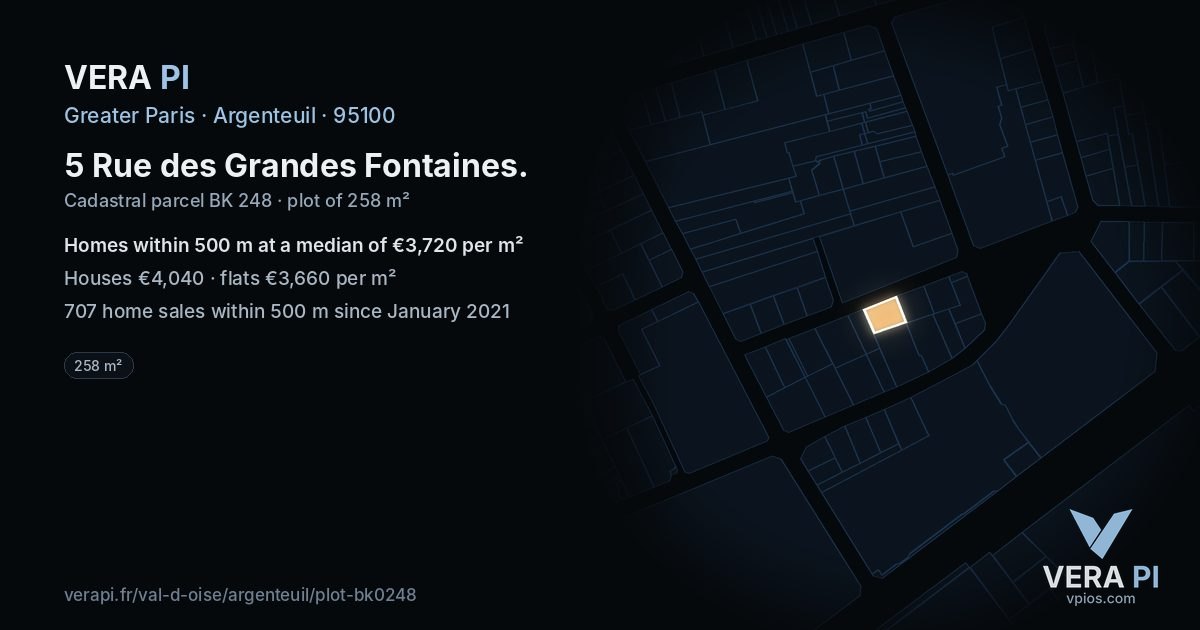 5 Rue des Grandes Fontaines, Argenteuil at night – the plot lit, the parcels around coloured by the prices near them