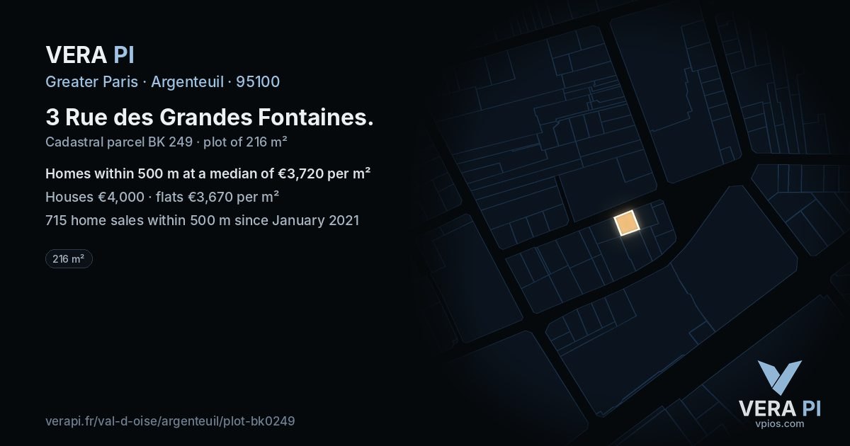 3 Rue des Grandes Fontaines, Argenteuil at night – the plot lit, the parcels around coloured by the prices near them