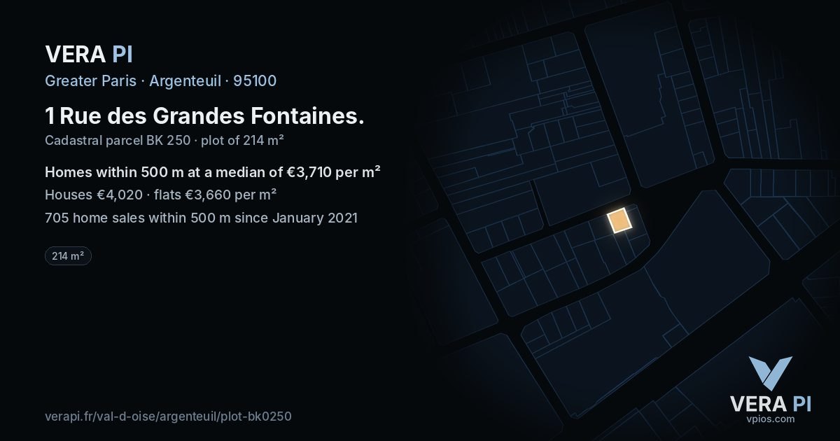 1 Rue des Grandes Fontaines, Argenteuil at night – the plot lit, the parcels around coloured by the prices near them