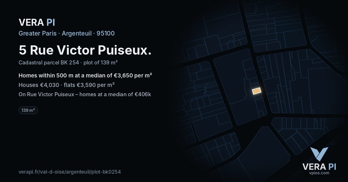 5 Rue Victor Puiseux, Argenteuil at night – the plot lit, the parcels around coloured by the prices near them