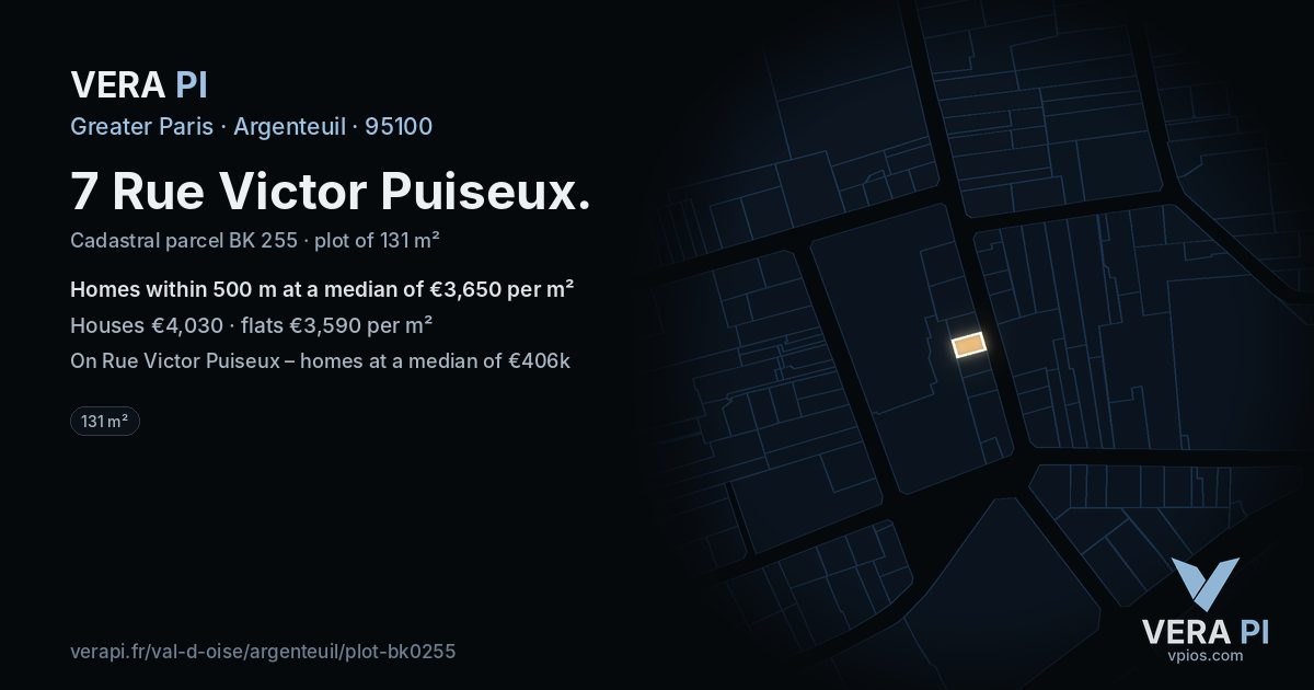 7 Rue Victor Puiseux, Argenteuil at night – the plot lit, the parcels around coloured by the prices near them