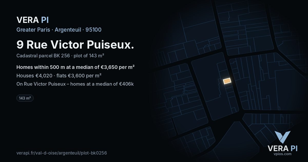9 Rue Victor Puiseux, Argenteuil at night – the plot lit, the parcels around coloured by the prices near them