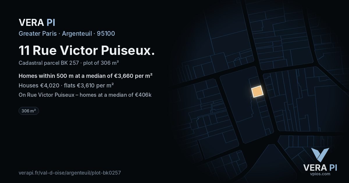 11 Rue Victor Puiseux, Argenteuil at night – the plot lit, the parcels around coloured by the prices near them