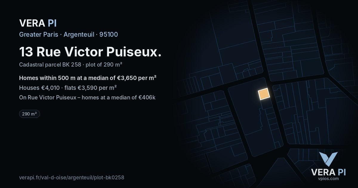 13 Rue Victor Puiseux, Argenteuil at night – the plot lit, the parcels around coloured by the prices near them