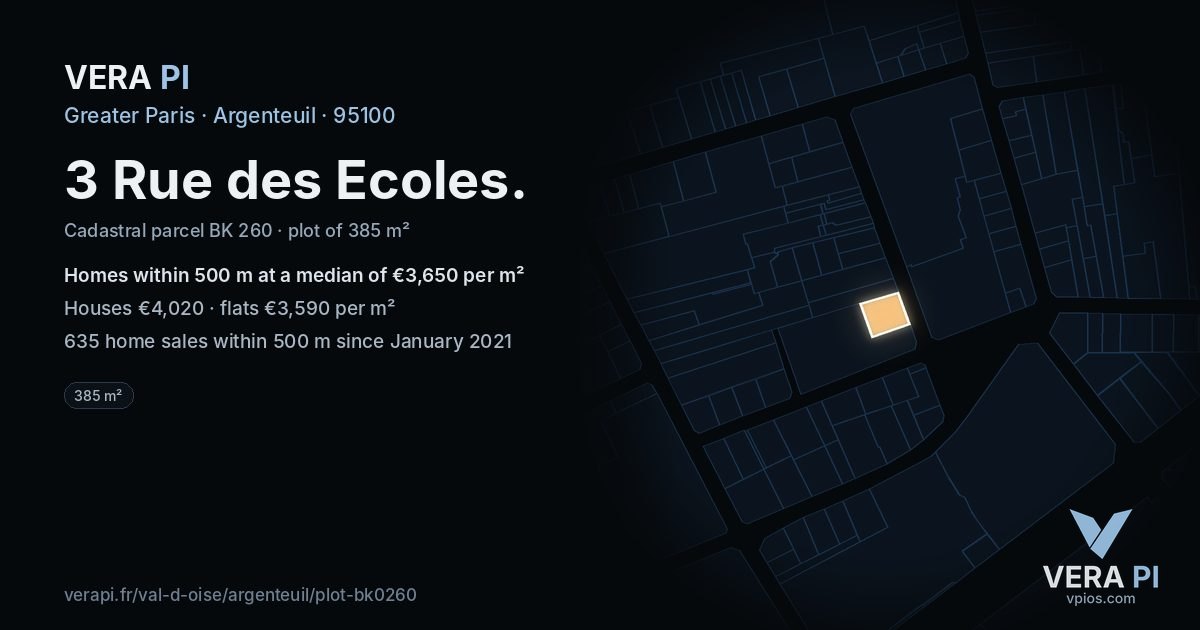 3 Rue des Ecoles, Argenteuil at night – the plot lit, the parcels around coloured by the prices near them