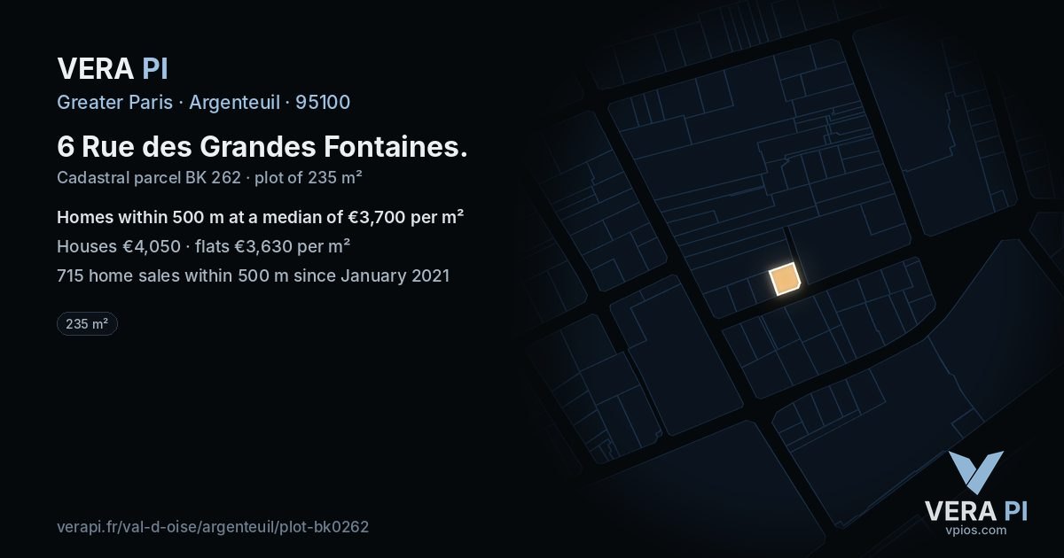 6 Rue des Grandes Fontaines, Argenteuil at night – the plot lit, the parcels around coloured by the prices near them