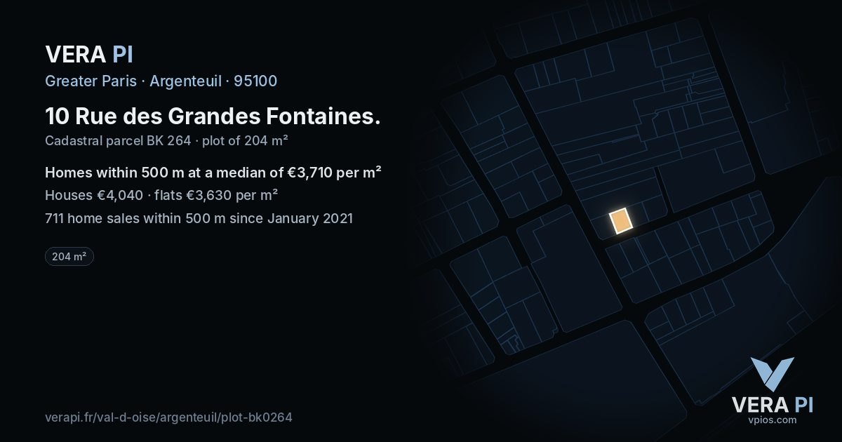 10 Rue des Grandes Fontaines, Argenteuil at night – the plot lit, the parcels around coloured by the prices near them
