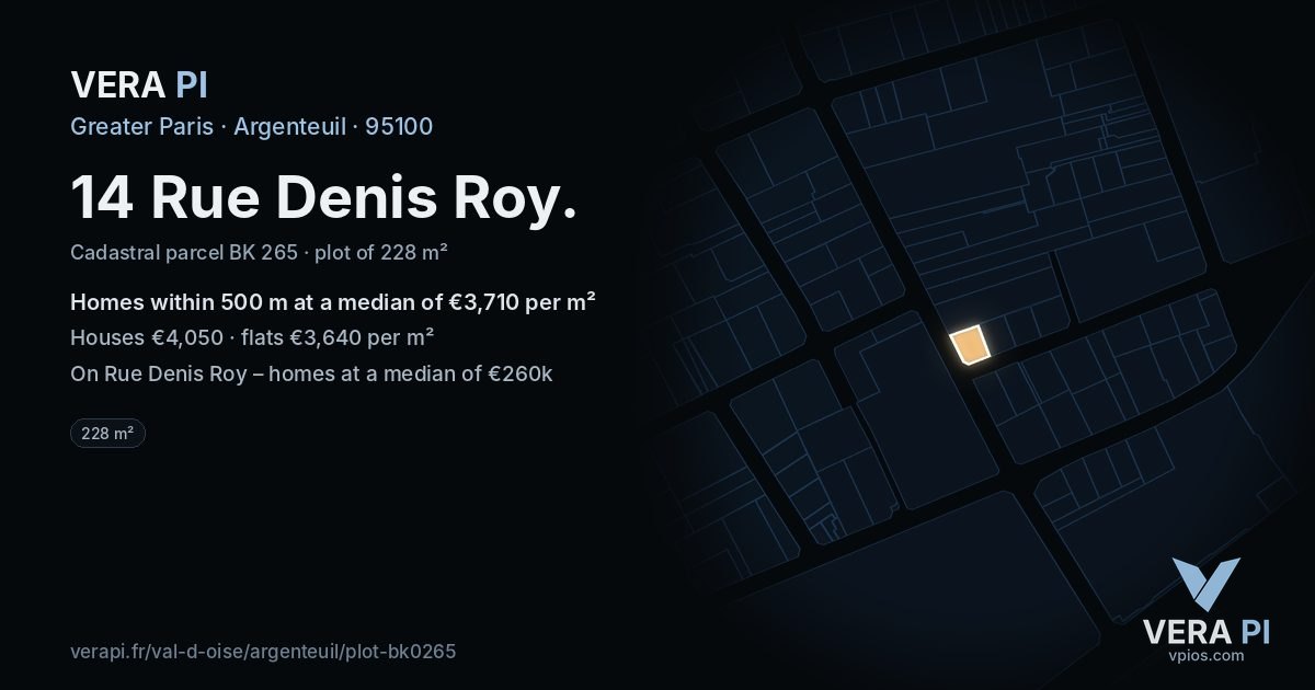 14 Rue Denis Roy, Argenteuil at night – the plot lit, the parcels around coloured by the prices near them