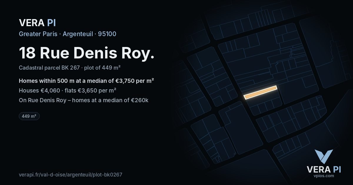 18 Rue Denis Roy, Argenteuil at night – the plot lit, the parcels around coloured by the prices near them