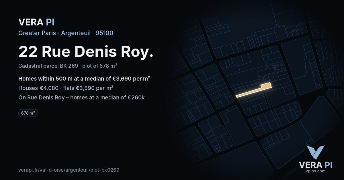 22 Rue Denis Roy, Argenteuil at night – the plot lit, the parcels around coloured by the prices near them