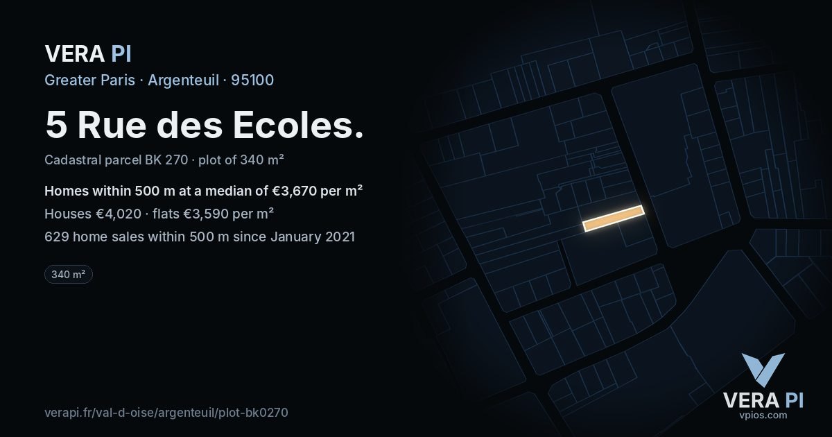 5 Rue des Ecoles, Argenteuil at night – the plot lit, the parcels around coloured by the prices near them