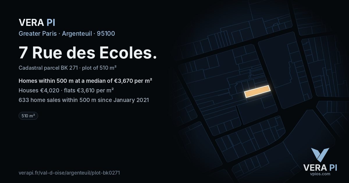 7 Rue des Ecoles, Argenteuil at night – the plot lit, the parcels around coloured by the prices near them
