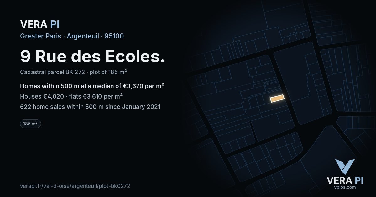 9 Rue des Ecoles, Argenteuil at night – the plot lit, the parcels around coloured by the prices near them