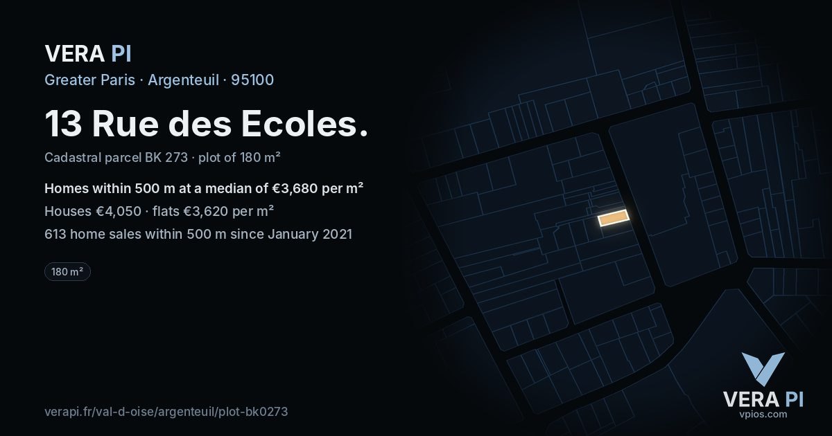 13 Rue des Ecoles, Argenteuil at night – the plot lit, the parcels around coloured by the prices near them