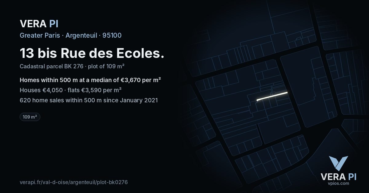 13 bis Rue des Ecoles, Argenteuil at night – the plot lit, the parcels around coloured by the prices near them