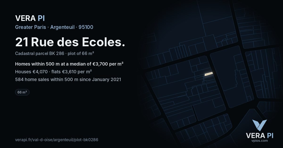 21 Rue des Ecoles, Argenteuil at night – the plot lit, the parcels around coloured by the prices near them