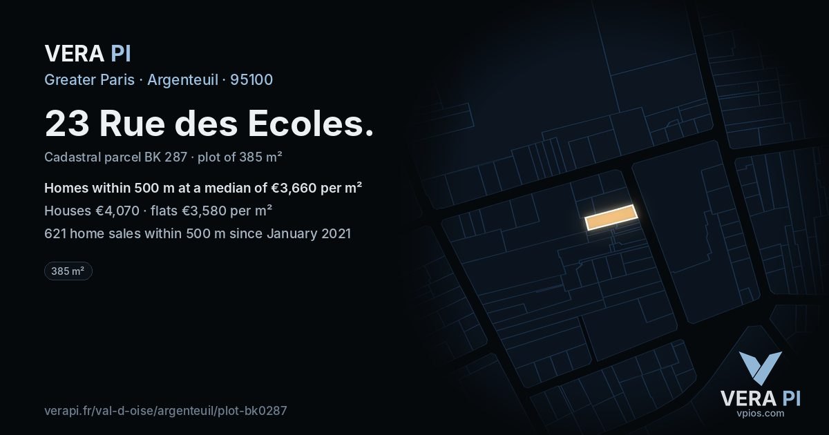 23 Rue des Ecoles, Argenteuil at night – the plot lit, the parcels around coloured by the prices near them