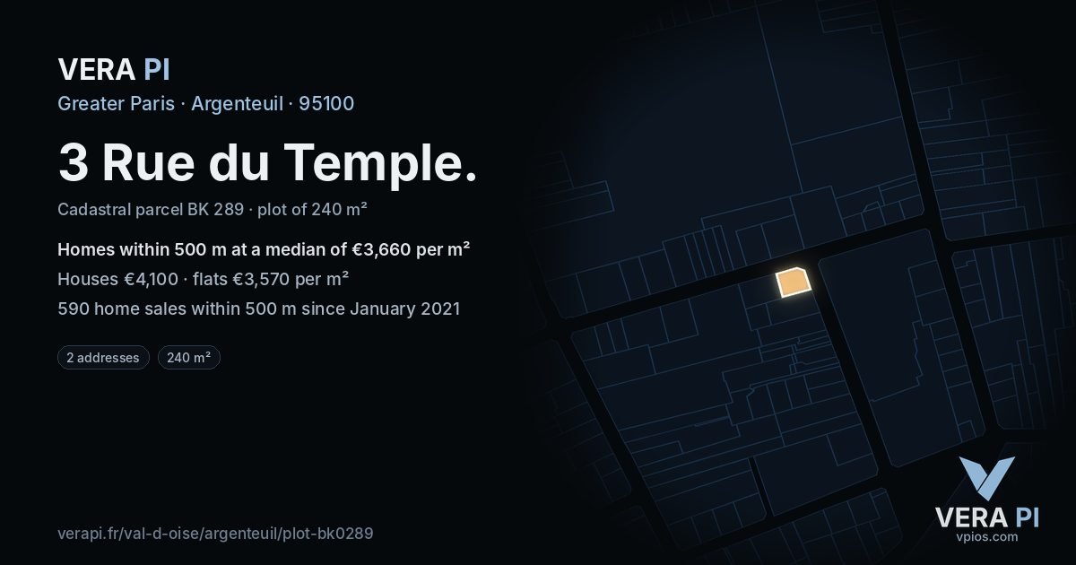 3 Rue du Temple, Argenteuil at night – the plot lit, the parcels around coloured by the prices near them