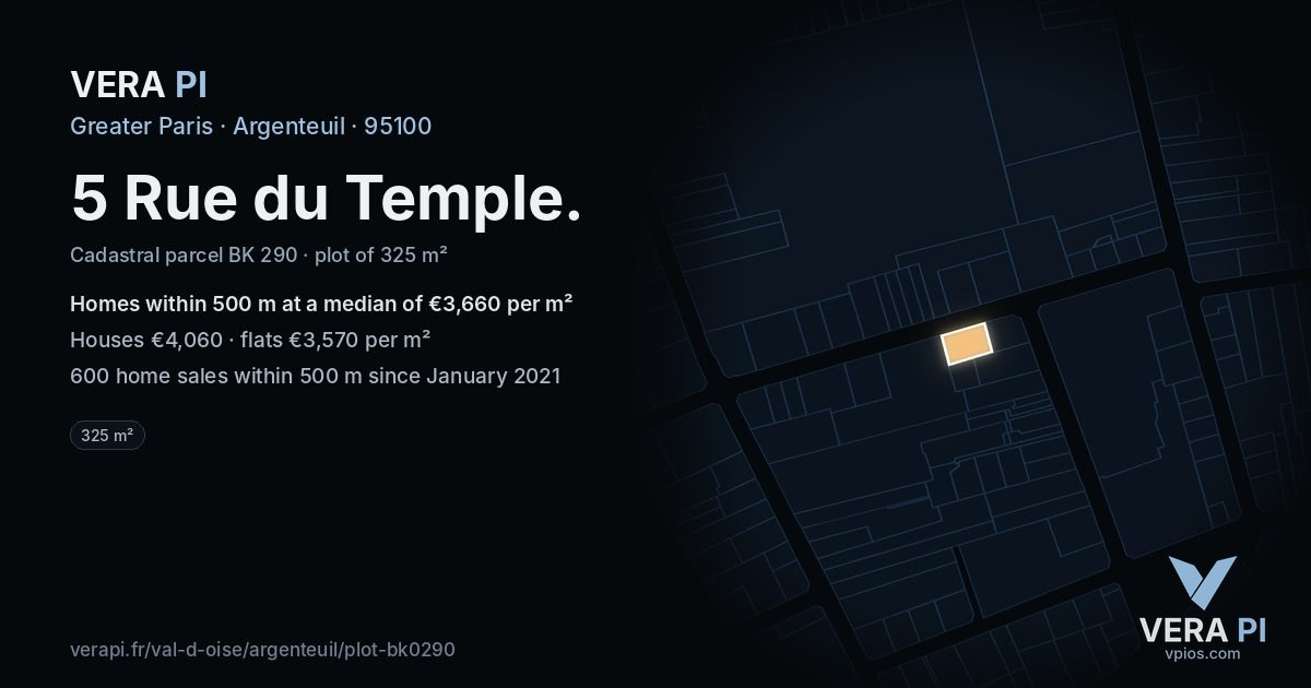 5 Rue du Temple, Argenteuil at night – the plot lit, the parcels around coloured by the prices near them