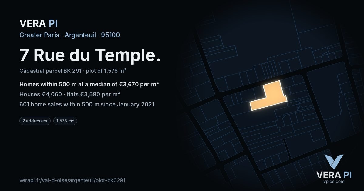 7 Rue du Temple, Argenteuil at night – the plot lit, the parcels around coloured by the prices near them